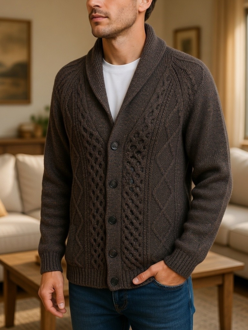 Wind River Heritage Men's Brown Shawl Collar Cable Knit Cardigan Sweater 2XL